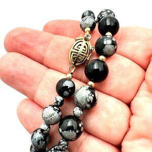 10K Gold Snowflake Obsidian Gemstone Bead 22 Inch Necklace Chinese Clasp
